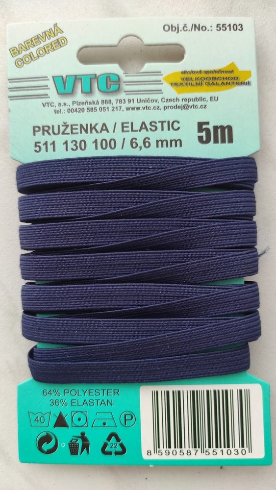 Pruženka líčková 6,6 mm barevná - karta 5 m - 7704 tmavě modrá