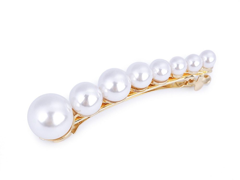 Francouzská spona do vlasů s perlami a broušenými kamínky - 2 perlová zlatá