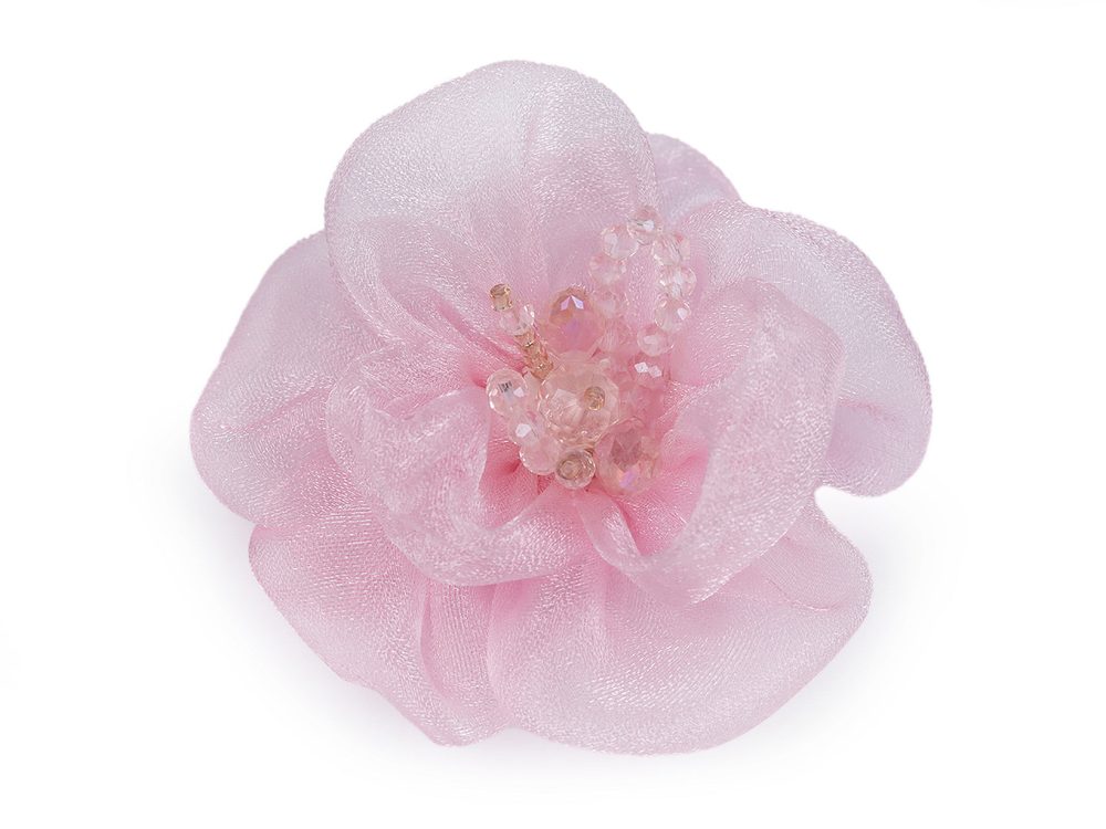 Květ s broušenými skleněnými korálky k našití a nalepení Ø6-7 cm - 4 růžová sv.