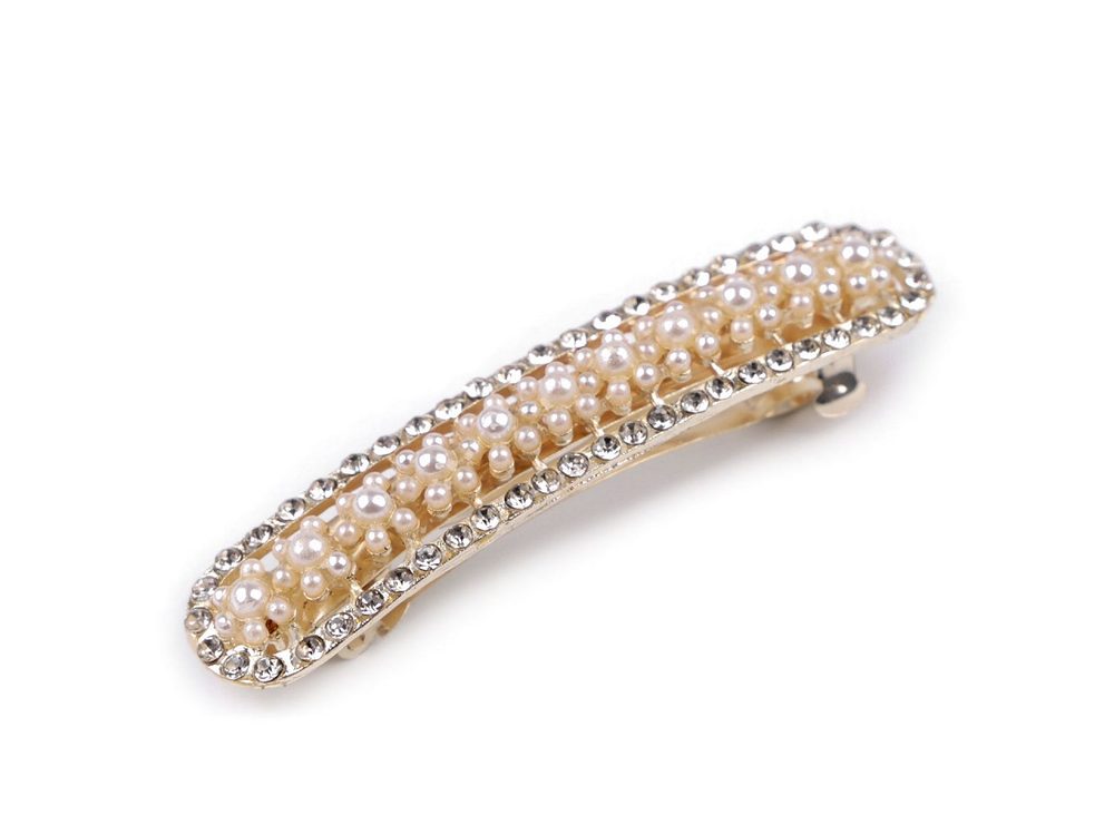 Francouzská spona do vlasů s perlami a broušenými kamínky - 2 perlová crystal