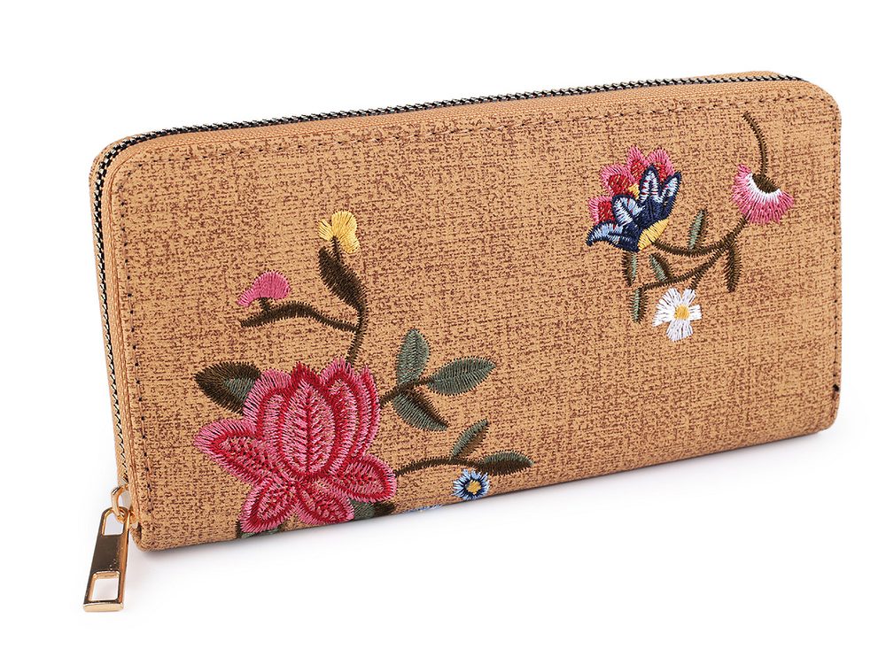 Dámská peněženka s vyšívanými květy 9,5x19 cm - 1 béžová velbloudí