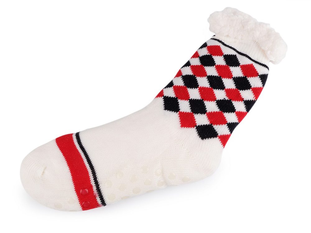 Ponožky zimní s protiskluzem, vlněné, dlouhé - 1 (vel.35-38) bílá kosočtverce