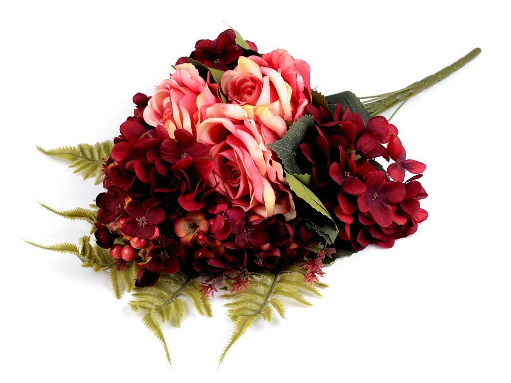Umělá kytice růže a hortenzie - 1 korálová světlá