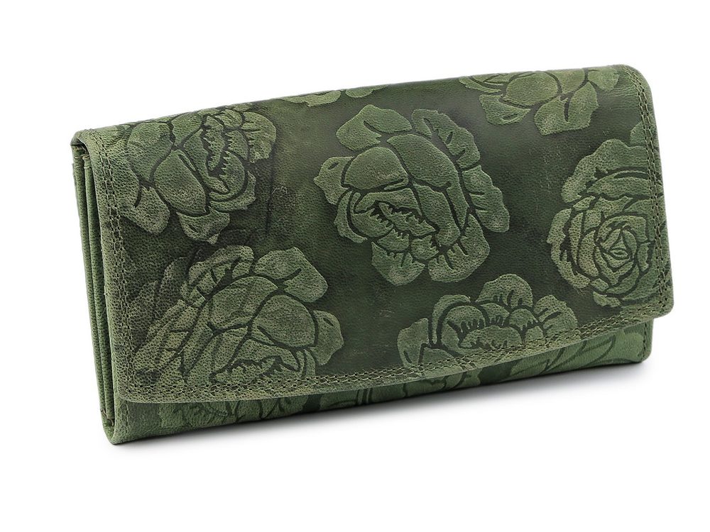 Dámská peněženka kožená růže, ornamenty 9,5x18 cm - 6 zelená