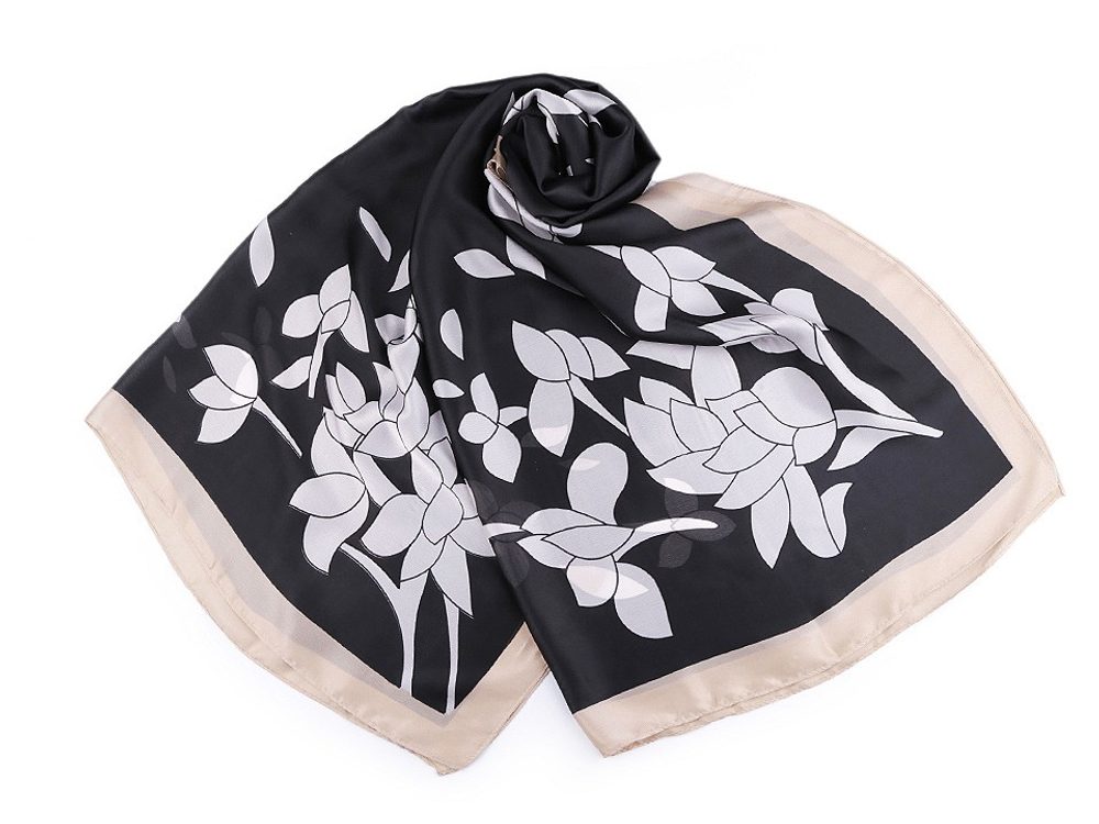 Saténový šátek / šála s květy 90x180 cm - 4 černá