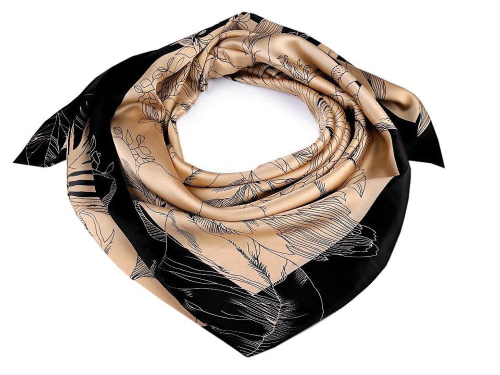 Saténový šátek květy 90x90 cm - 3 béžová velbloudí