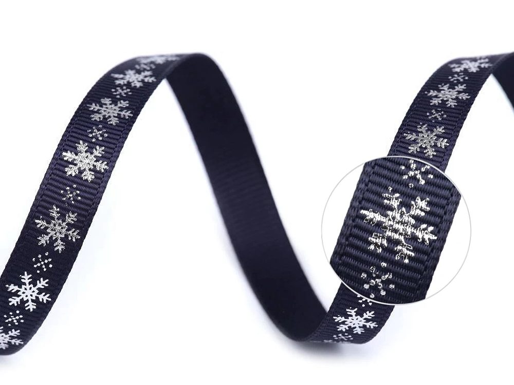 Vánoční rypsová stuha vločky šíře 10 mm návin 5 METRŮ - 2 modrá tmavá