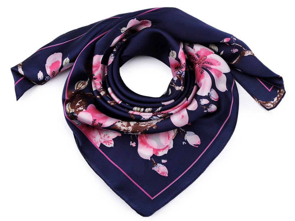 Saténový šátek magnolie 70x70 cm - 3 modrá tmavá