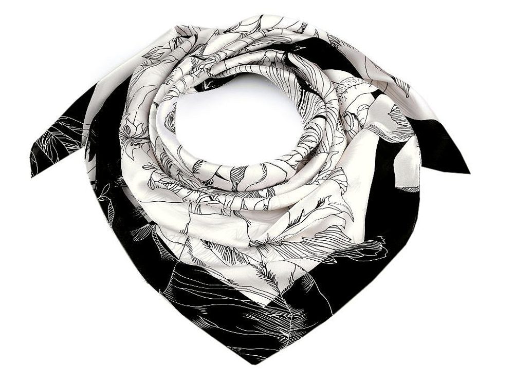 Saténový šátek květy 90x90 cm - 1 béžovobílá