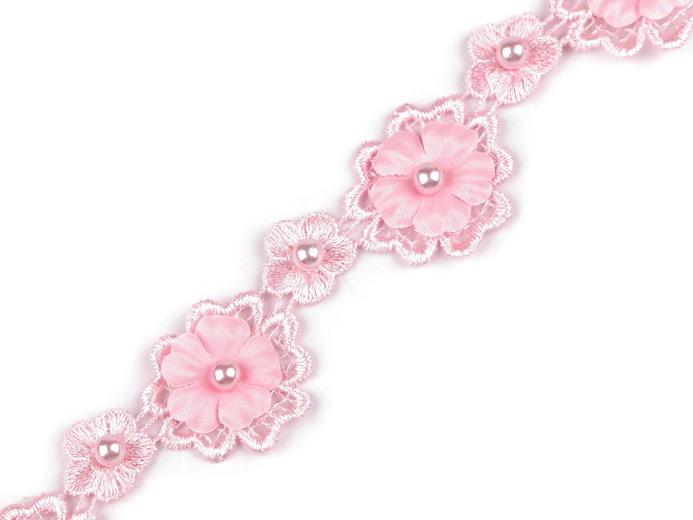Krajka 3D květ s perlou šíře 30 mm METRÁŽ - 5 růžová