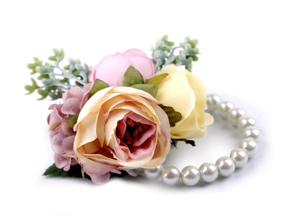 Perlový náramek svatební pro družičky s květy - 1 pudrová