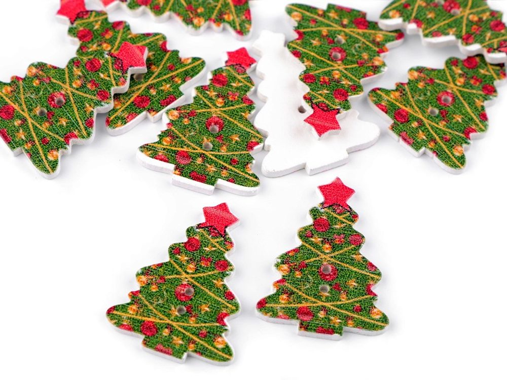 Dřevěný dekorační knoflík vánoční 10 ks - 1 zelená - stromeček