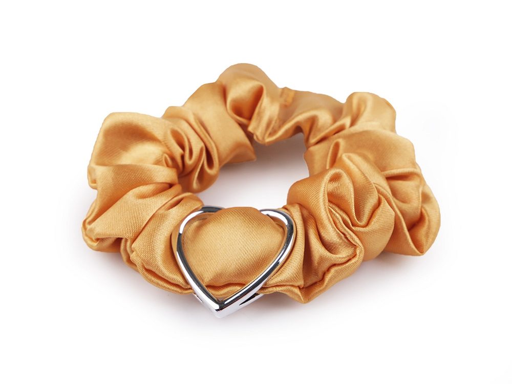 Saténová scrunchie gumička do vlasů / náramek srdce - 16 zlatá sv.