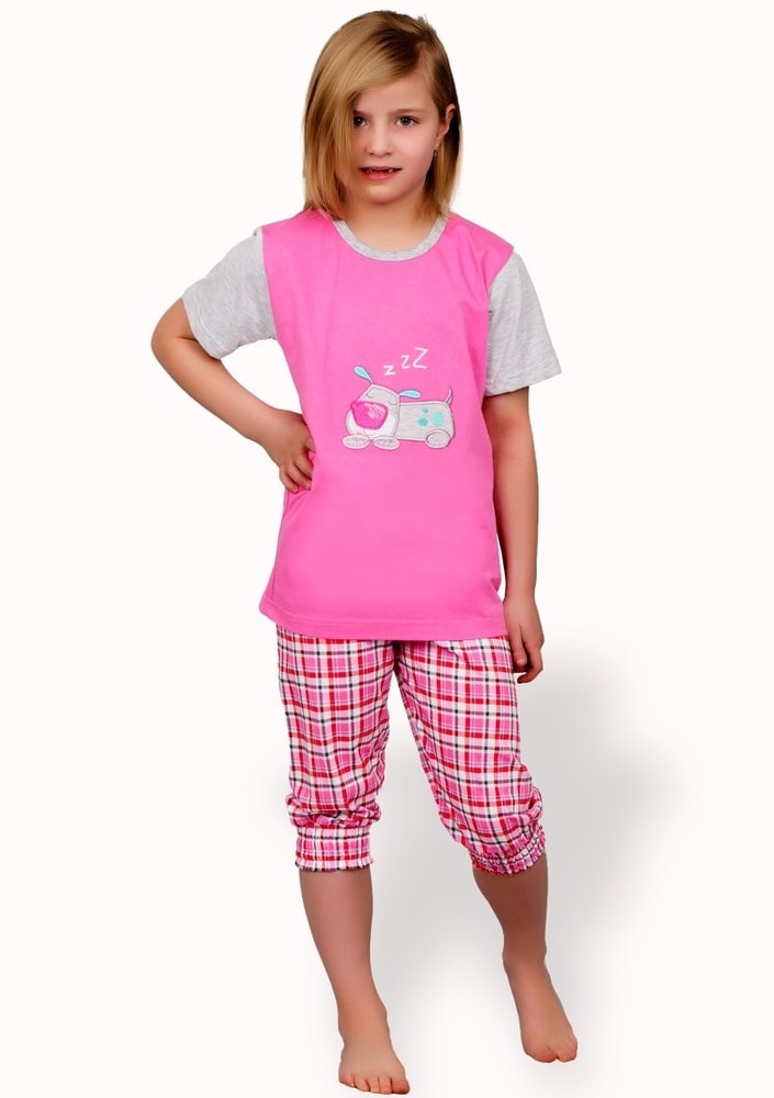 Dětské pyžamo s obrázkem pejska a capri kalhotami - 310/ růžová - 116