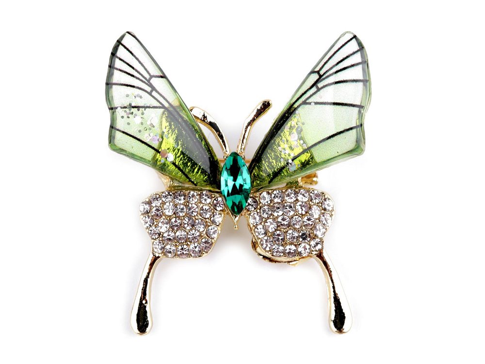 Brož s broušenými kamínky vážka, motýl - 6 zelená sv. motýl
