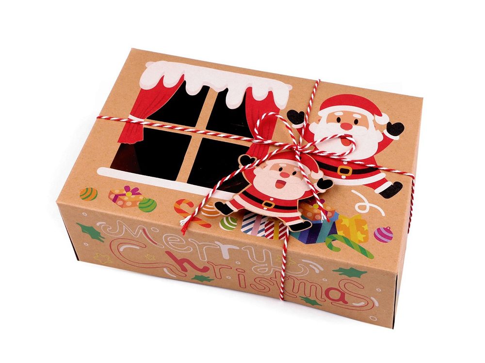 Vánoční dárková krabice s průhledem a jmenovkou - 4 hnědá přírodní Santa