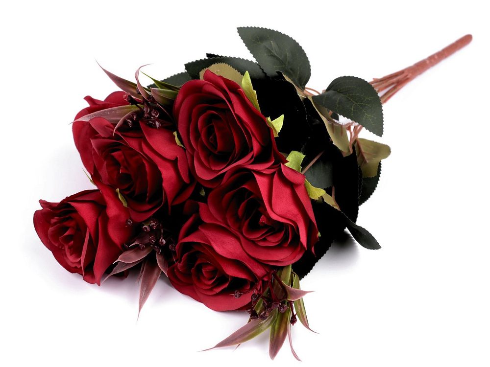 Umělá kytice růže - 3 červená tmavá
