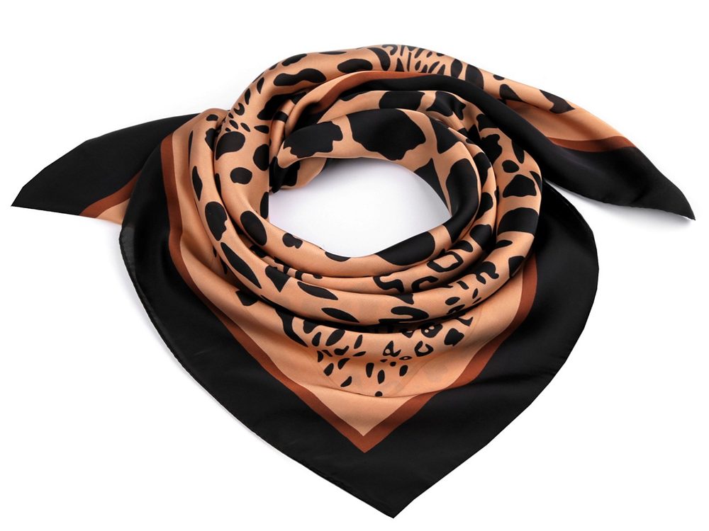 Saténový šátek leopard 70x70 cm - 4 béžová velbloudí černá