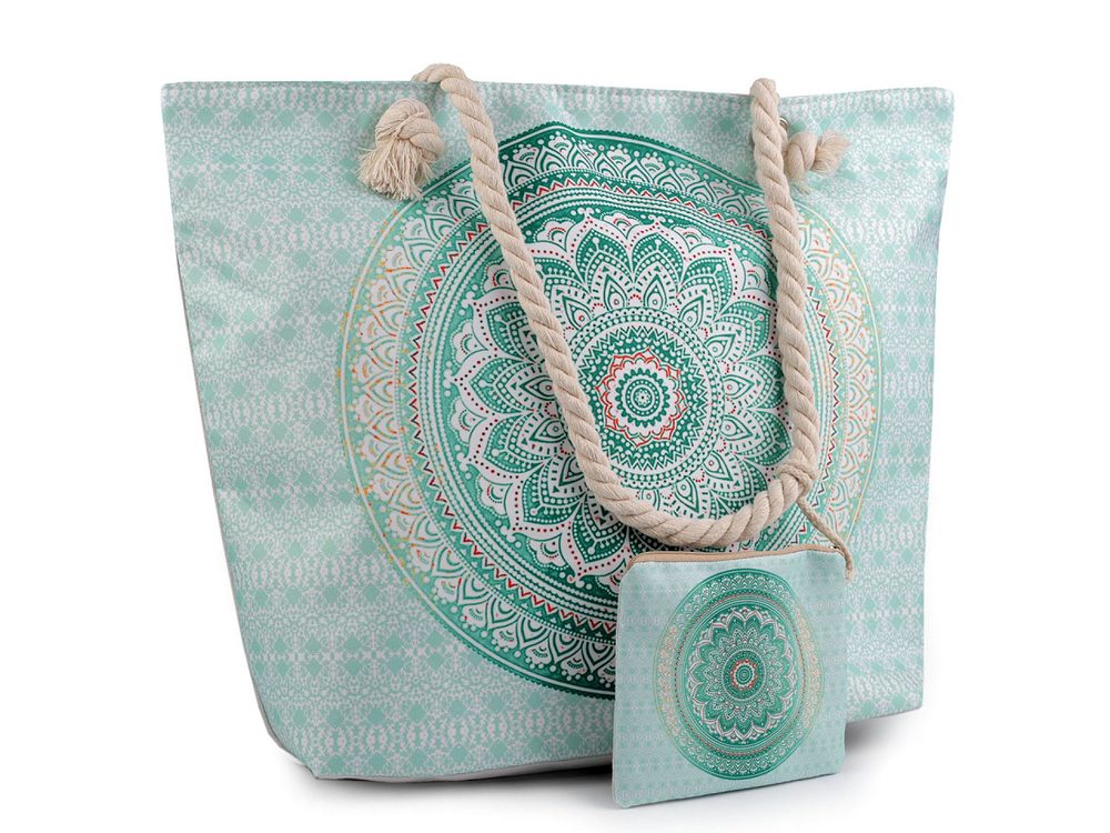 Letní / plážová taška mandala s taštičkou 39x50 cm - 7 zelená past.sv.