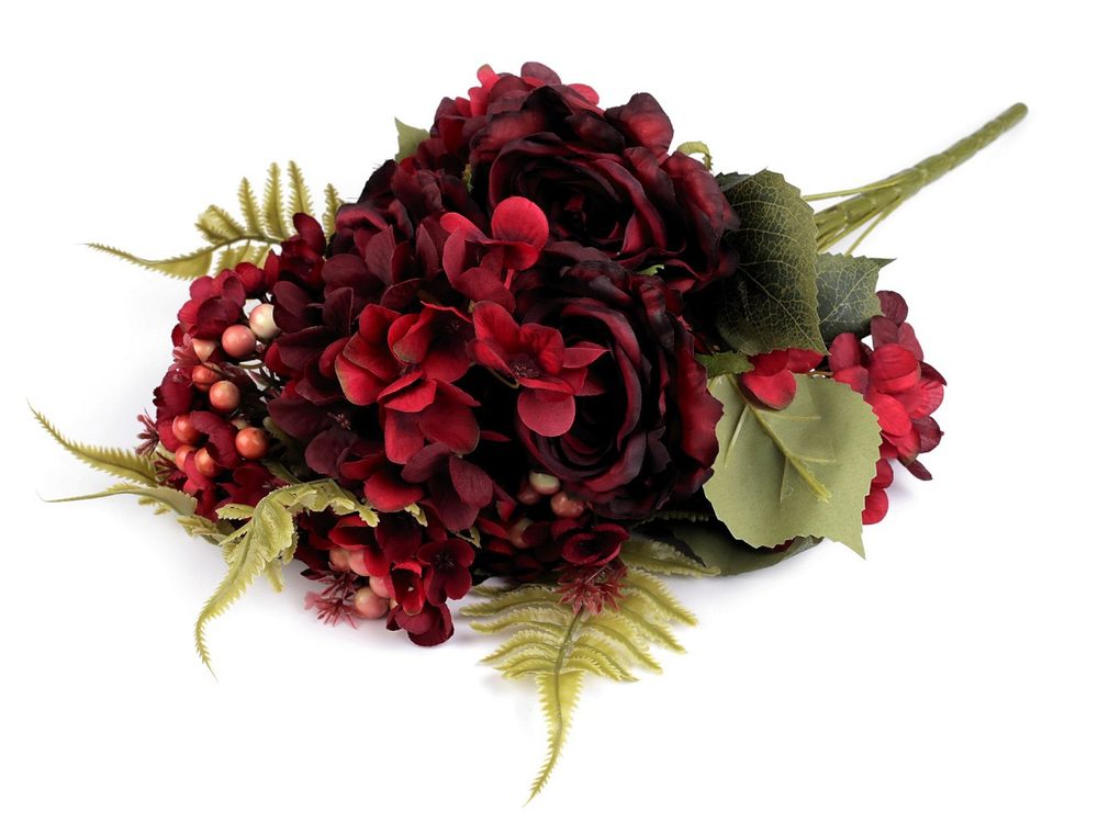 Umělá kytice růže a hortenzie - 2 bordó