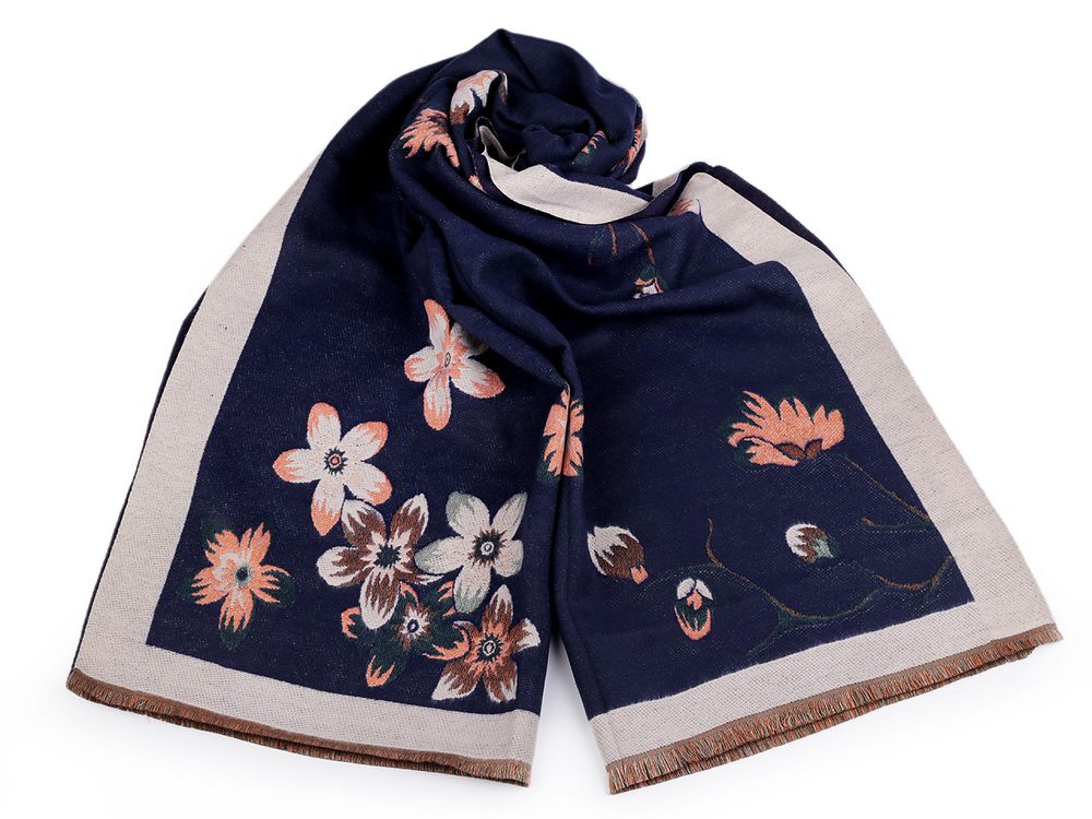 Šátek / šála typu kašmír s třásněmi, květy 65x190 cm - 9 modrá tmavá béžová světlá