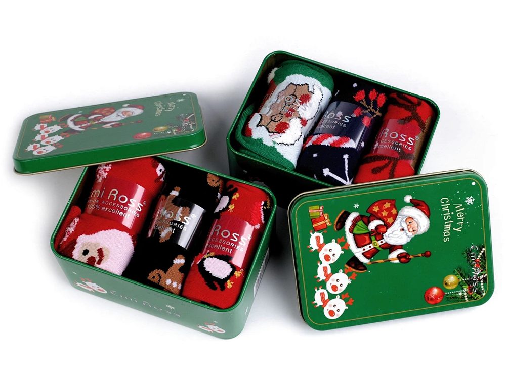Vánoční ponožky v dárkové plechové krabičce Emi Ross 3 páry - 8 (43-46) mix náhodný - zelená