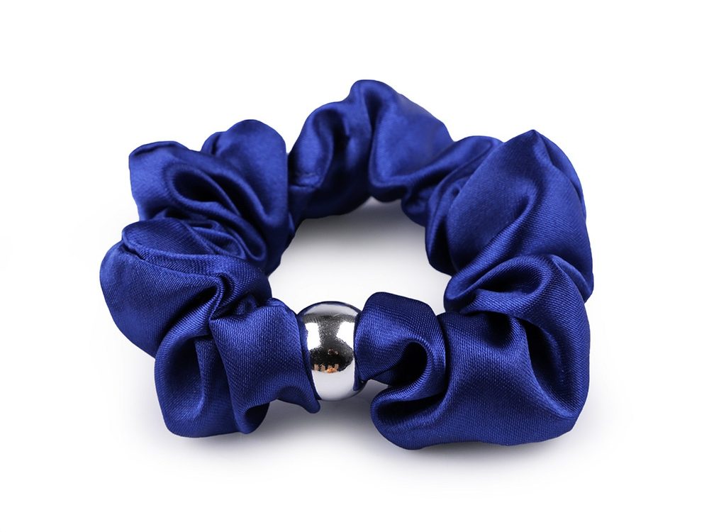 Saténová scrunchie gumička do vlasů / náramek s korálkem - 14 modrá královská