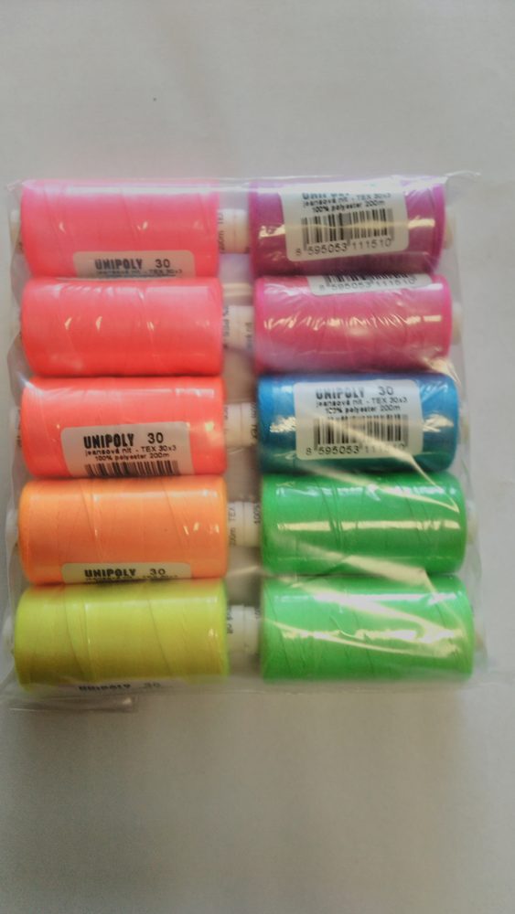 Nitě UNIPOLY JEANS tex 30x3 návin 200m balení 10 kusů - mix neon