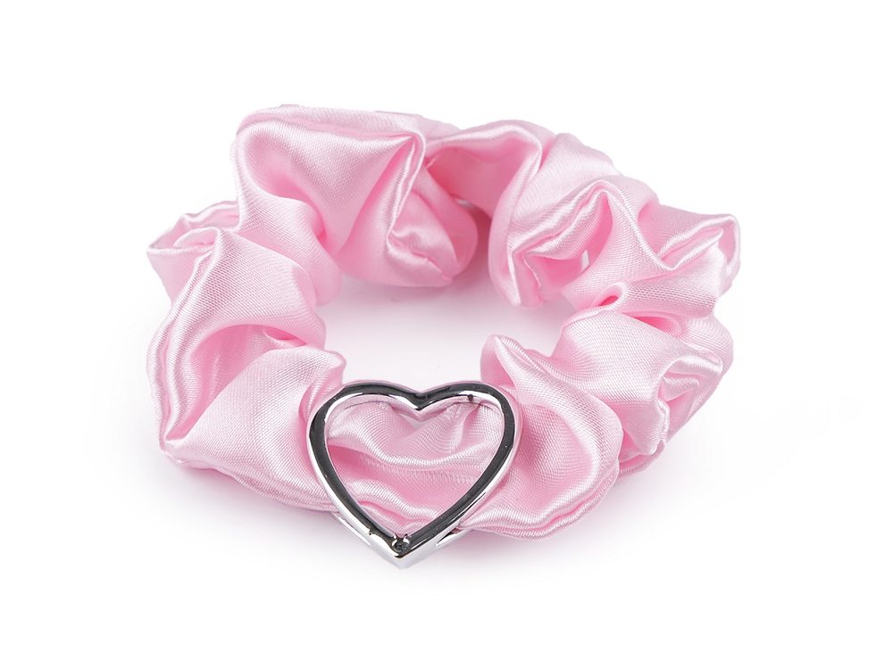 Saténová scrunchie gumička do vlasů / náramek srdce - 11 růžová