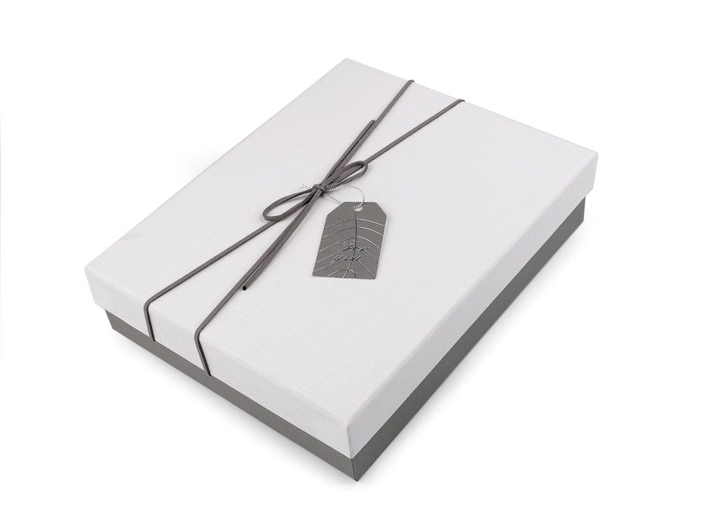 Dárková krabice s mašlí a visačkou - 1 (19x24 cm) bílá šedá