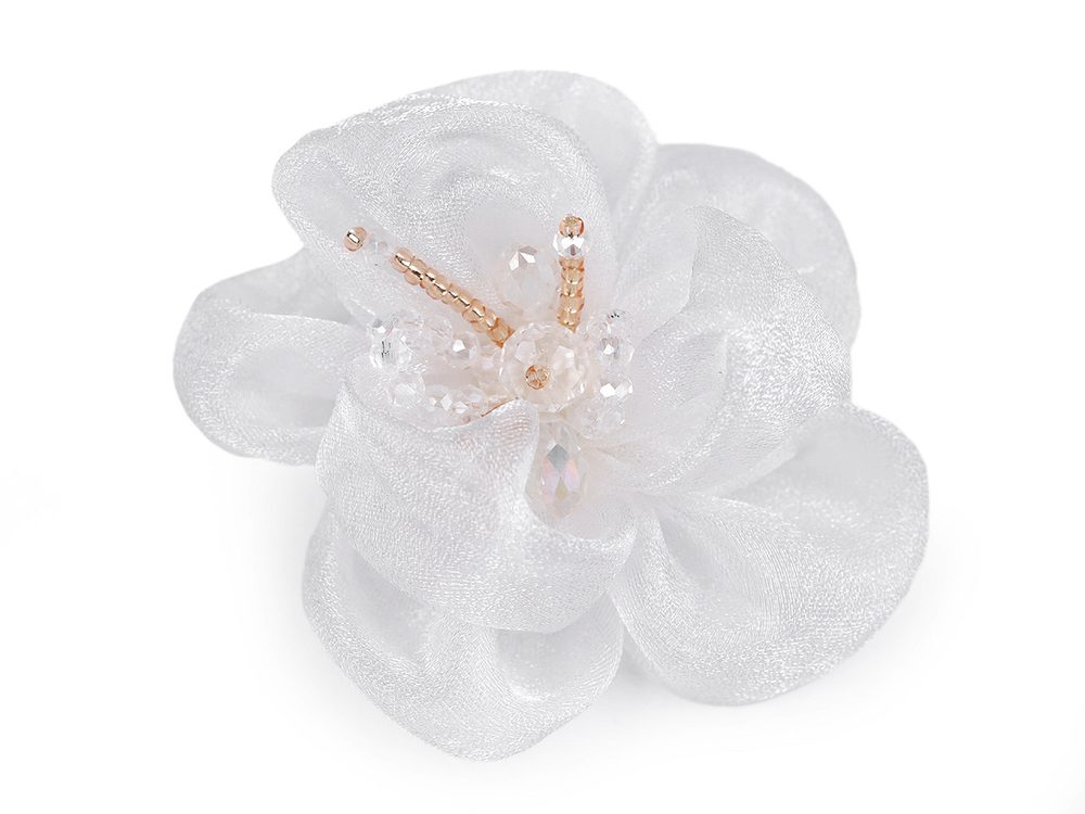 Květ s broušenými skleněnými korálky k našití a nalepení Ø6-7 cm - 1 bílá