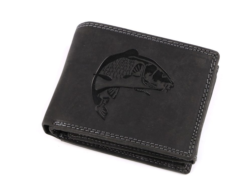 Pánská kožená Peněženka - 9,5x12 cm - Pro Myslivce, Rybáře, Motorkáře - 22 černá ryba