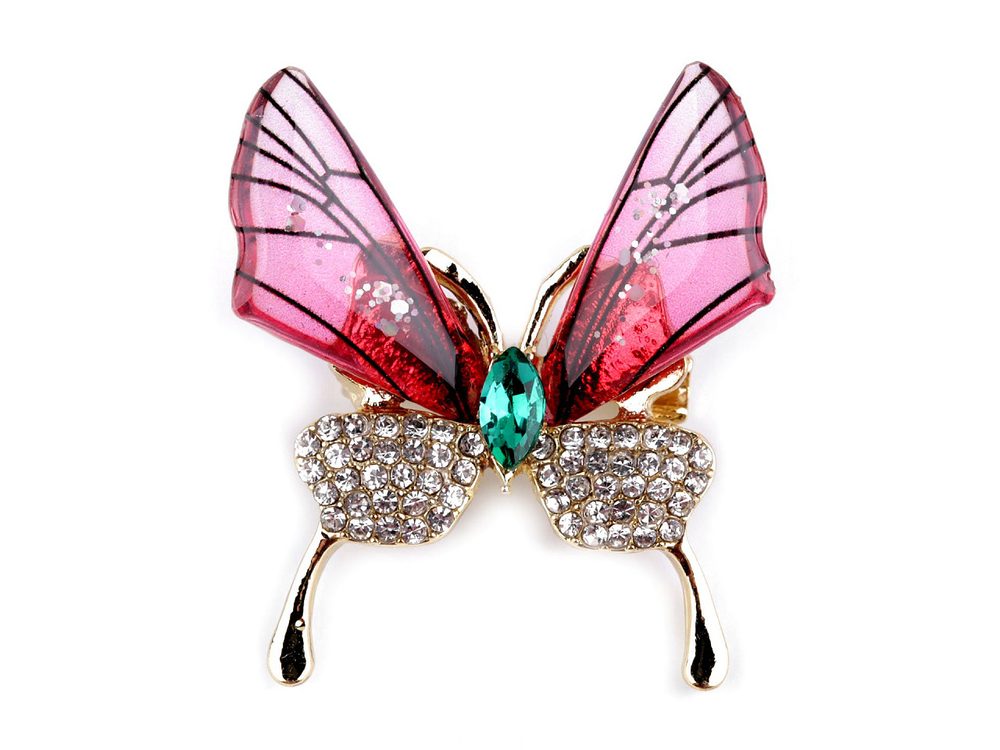 Brož s broušenými kamínky vážka, motýl - 4 růžová motýl
