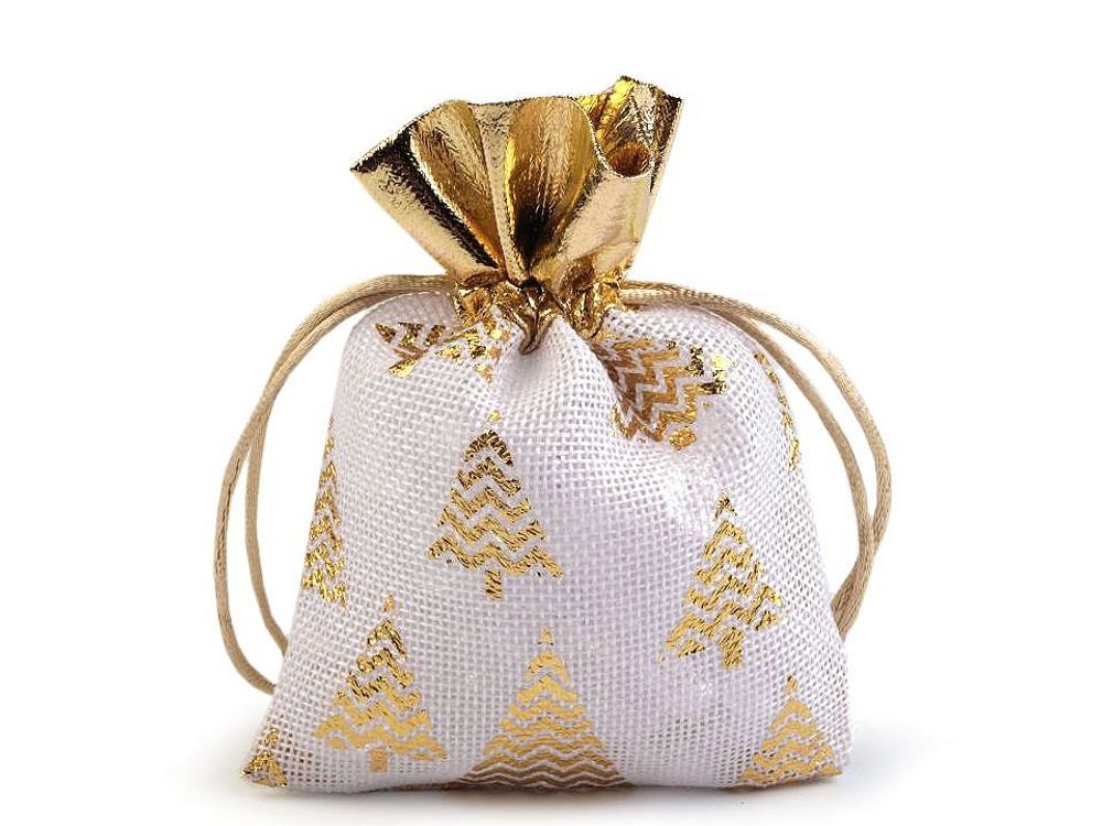 Malý Vánoční Dárkový Pytlík - Imitace Pytloviny, Rozměry 10x13 cm - 1 bílá zlatá