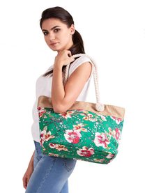 Letní lehká plážová taška zelená s kvítky SP-A