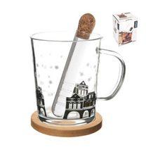 Hrnek sklo/bambus podšálek+infuzér DOMKY 0,42 l O0270 - obj. 0,42l