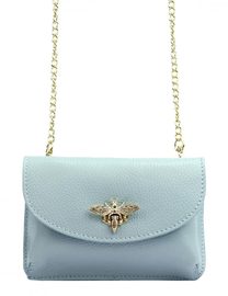 Kožená malá dámská crossbody kabelka na řetízku blankytně modrá