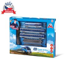 Sada lokomotiva a vagónky 5ks kov/plast 8cm na zpětné natažení 4 druhy na kartě