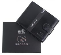 GROSSO Kožená lesklá pánská peněženka černá RFID se zápinkou v krabičce