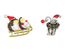 Vánoční brož ježci na saních, kočka