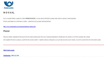 Česká pošta upozorňuje klienty na podvodný email