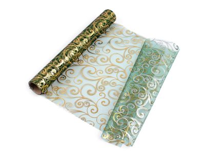 Vánoční / svatební organza s potiskem šíře 36 cm návin 4,5 METRU{% if variant.name %} – 8 zelená tmavá - zlatá{% endif %}