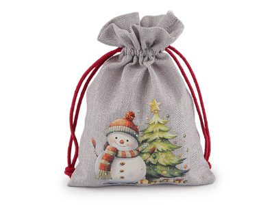 Vánoční dárkový pytlík sněhulák 13x18 cm imitace juty - 2 šedá světlá