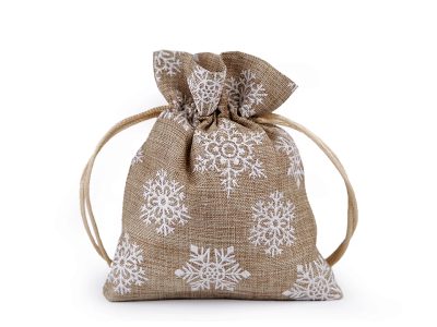 Dárkový pytlík vločky s glitry 10x13 cm imitace juty{% if product.brand.name %} – Galanterka{% endif %}