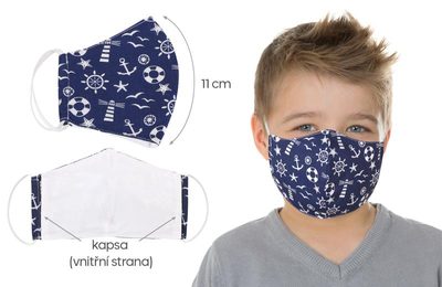 Rouška pro děti s vnitřní kapsou na gumičky - délka oblouku 11cm, 3-6 let, modrá kotva{% if product.brand.name %} – Bellatex{% endif %}
