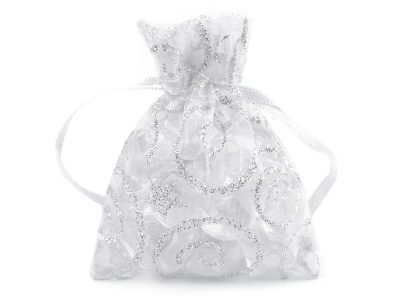 Dárkový pytlík 6,5x9 cm organza s glitry{% if variant.name %} – 5 bílá - stříbrná{% endif %}