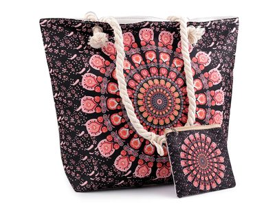 Letní / plážová taška mandala s taštičkou 39x50 cm{% if variant.name %} – 5 korálová černá{% endif %}