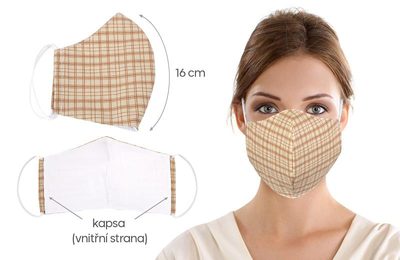Ústní rouška bavlněná na gumičku s vnitřní kapsou - délka oblouku 16cm béžová mřížka{% if product.brand.name %} – Bellatex{% endif %}
