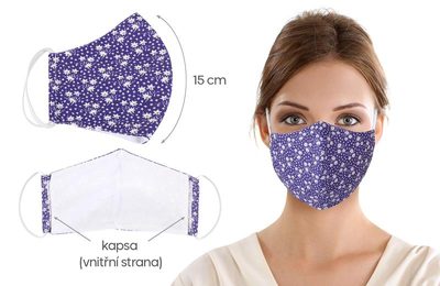 Rouška bavlněná na gumičku s vnitřní kapsou - délka oblouku 15cm fialová kytička – fotka 1