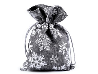 Dárkový vánoční / mikulášský pytlík vločky s glitry 13x18 cm imitace juty{% if variant.name %} – 2 šedá{% endif %}